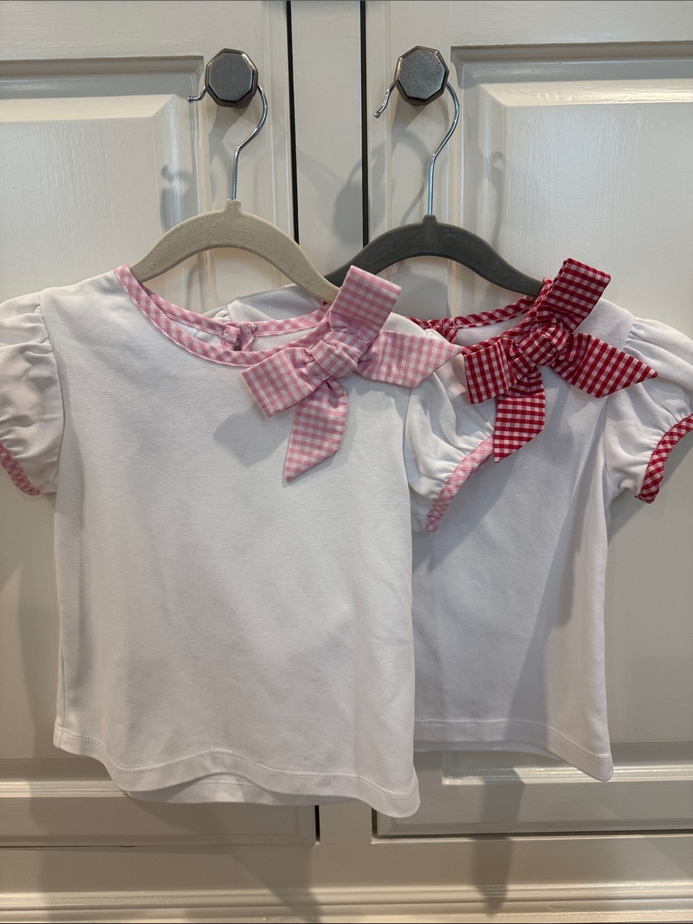 Pair of Little English White Tees with Red and Pink Gingham Bows